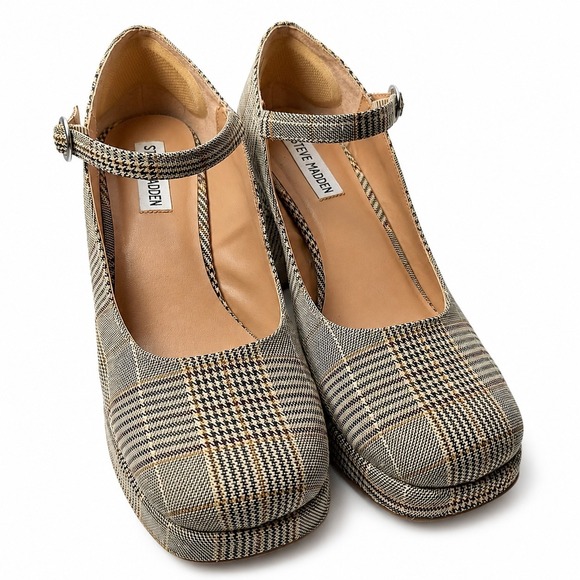 Madden Girl Shoes - STEVE MADDEN Mingle Mary Jane Shoe Sz 8.5M Plaid Prep Chunky Block Heel 90s Y2K
